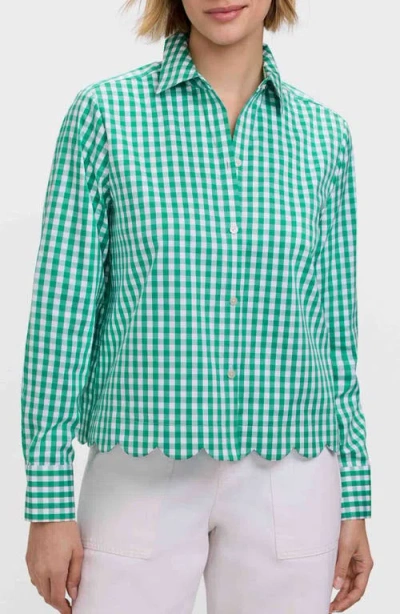 Foxcroft Scarlett Gingham Scallop Hem Button-up Shirt In Green