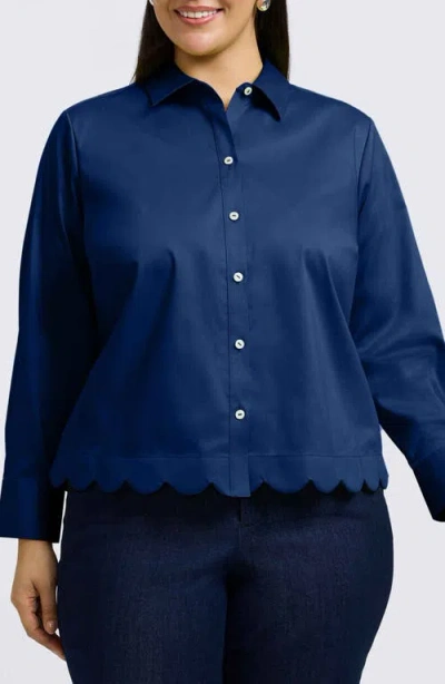 Foxcroft Scarlett Scallop Hem Button-up Shirt In Navy
