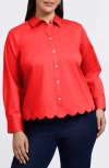 Foxcroft Scarlett Scallop Hem Button-up Shirt In Scarlet Red