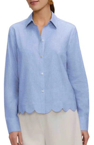 Foxcroft Scarlett Scallop Hem Linen Blend Button-up Shirt In Blue