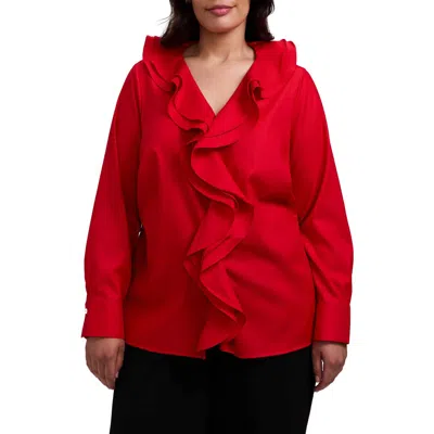 Foxcroft Shantel Ruffle Long Sleeve Top In Red