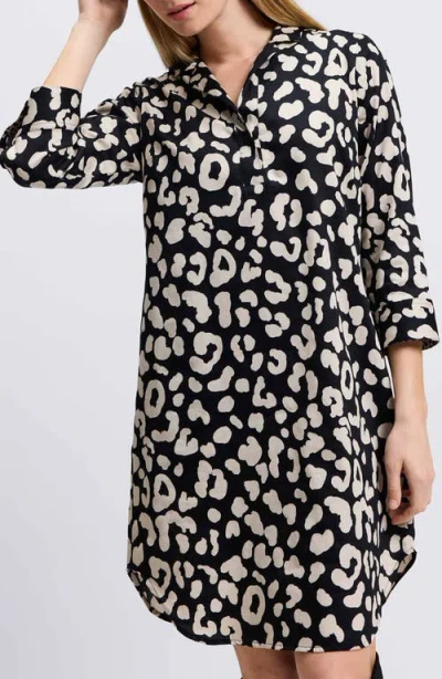 Foxcroft Sloane Animal Print Popover Shirtdress In Silver Birch/ Black