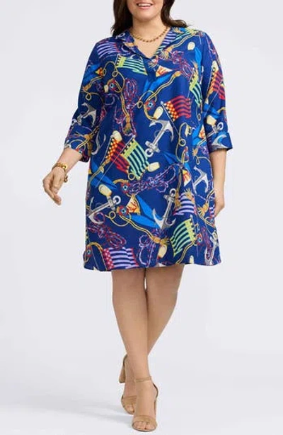 Foxcroft Sloane Nautical Print Linen Blend Shirtdress In Blue