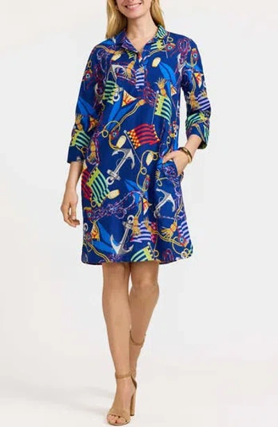 Foxcroft Sloane Nautical Print Linen Blend Shirtdress In Blue