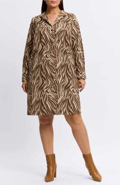 Foxcroft Sloane Zebra Print Long Sleeve Corduroy Shirtdress In Brown