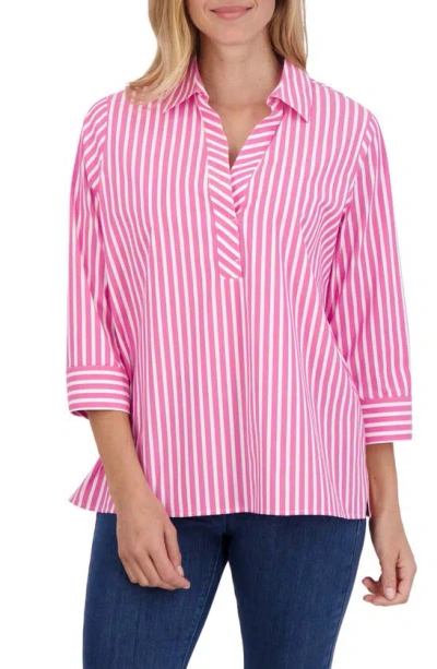 Foxcroft Sophia Stripe Three-quarter Sleeve Stretch Tunic In Azalea