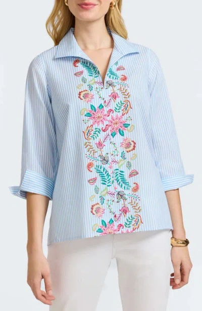 Foxcroft Stripe Floral Embroidered Cotton Button-up Shirt In Multi