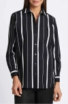 Foxcroft Paityn Stripe Three-quarter Sleeve Cotton Button-up Shirt In Black/ White