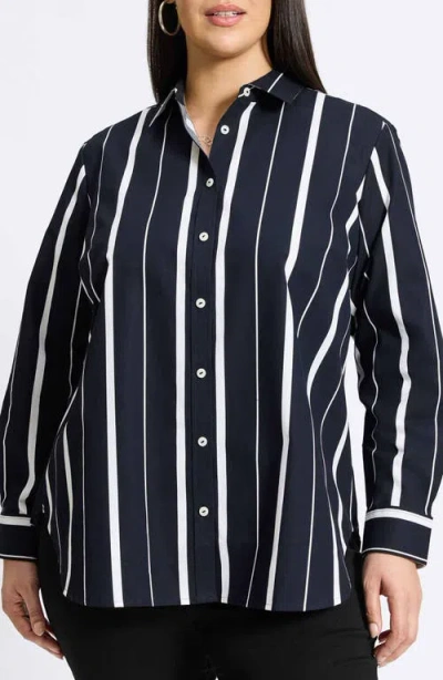Foxcroft Stripe Relaxed Fit Cotton Button-up Shirt In Blue