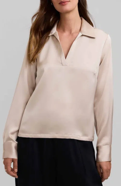 Foxcroft Talia Long Sleeve Satin Polo In White