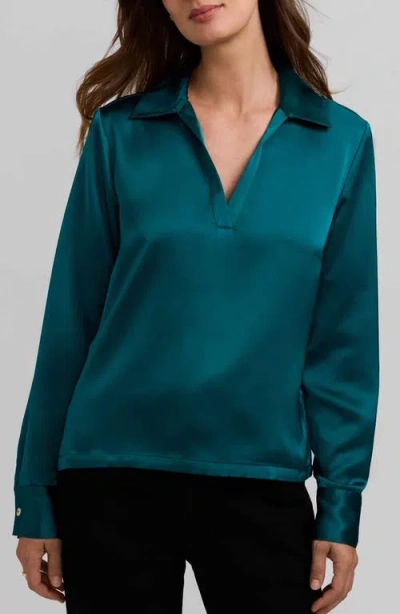 Foxcroft Talia Long Sleeve Satin Polo In Green