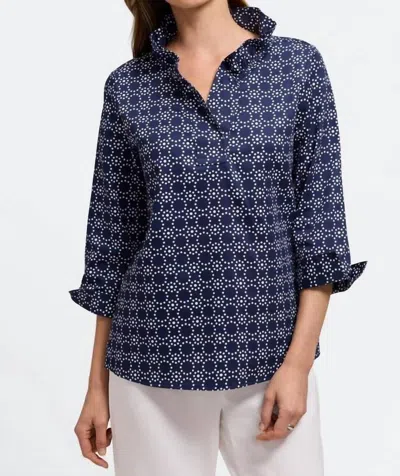 Foxcroft Tammy 3/4 Sleeve Geometric Circle Shirt In Navy In Blue