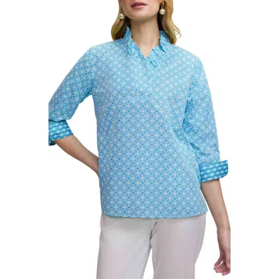 Foxcroft Tammy Geo Lattice Print Ruffle Collar Top In Blue