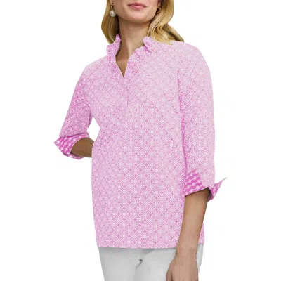 Foxcroft Tammy Geo Lattice Print Ruffle Collar Top In Pink