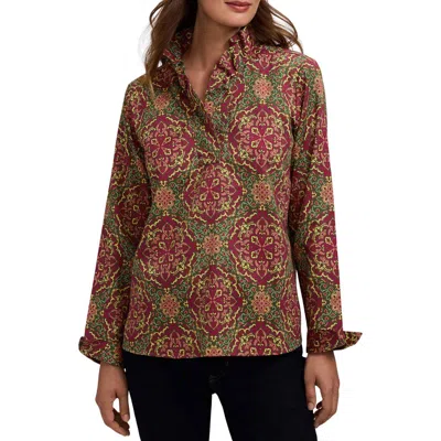 Foxcroft Tammy Medallion Print Ruffle Collar Cotton Top In Multi