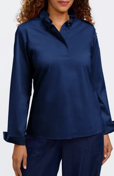 Foxcroft Tammy Ruffle Collar Cotton Blend Top In Blue