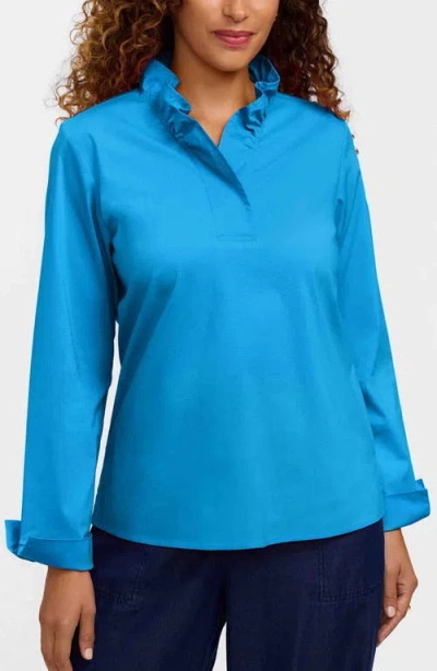 Foxcroft Tammy Ruffle Collar Cotton Blend Top In Blue