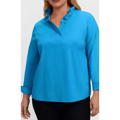 Foxcroft Tammy Ruffle Collar Cotton Blend Top In Blue