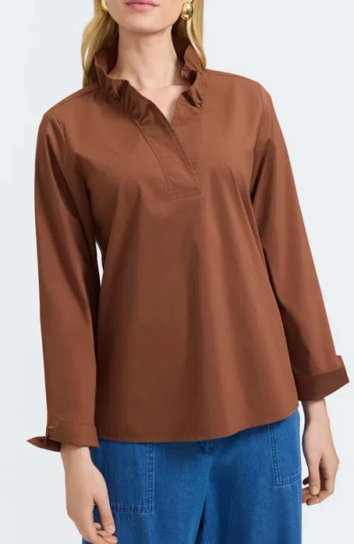 Foxcroft Tammy Ruffle Collar Cotton Blend Top In Brown