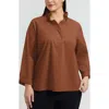 Foxcroft Tammy Ruffle Collar Cotton Blend Top In Brown