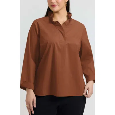 Foxcroft Tammy Ruffle Collar Cotton Blend Top In Brown