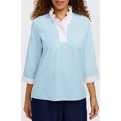 Foxcroft Tammy Ruffle Collar Cotton Top In Blue