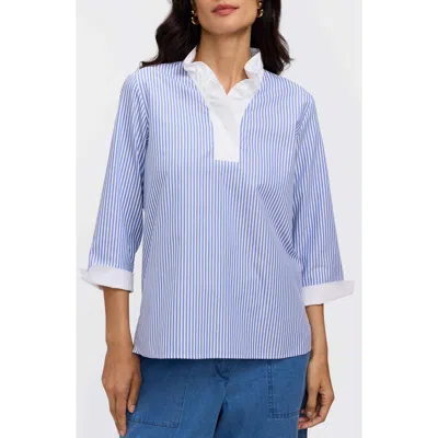 Foxcroft Tammy Ruffle Collar Cotton Top In Blue