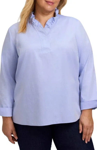 Foxcroft Tammy Ruffle Cotton Popover Top In Blue Wave