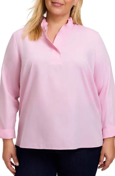 Foxcroft Tammy Ruffle Cotton Popover Top In Chambray Pink