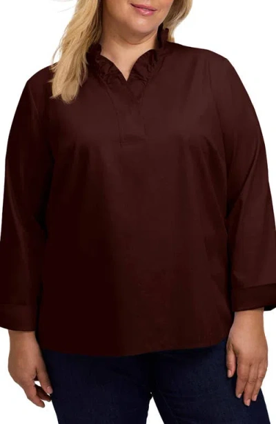 Foxcroft Tammy Ruffle Cotton Popover Top In Chicory Coffee