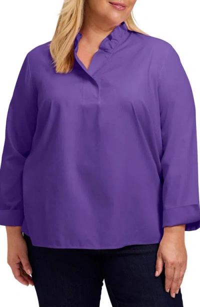 Foxcroft Tammy Ruffle Cotton Popover Top In Royal Purple