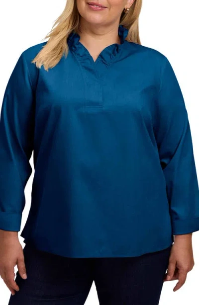 Foxcroft Tammy Ruffle Cotton Popover Top In Teal
