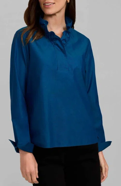 Foxcroft Tammy Ruffled Cotton Popover In Blue
