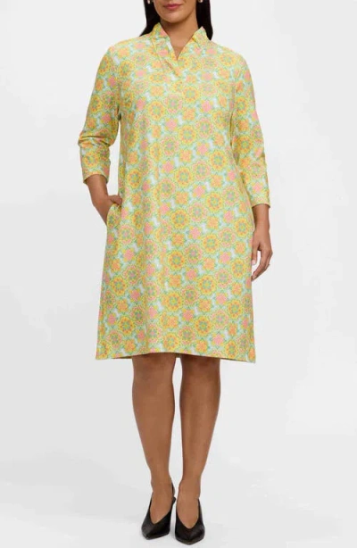 Foxcroft Tammy Sicilian Tile Print Crepe Popover Shirtdress In Yellow