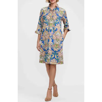 Foxcroft Tammy Three-quarter Sleeve Cotton Dress In Blue