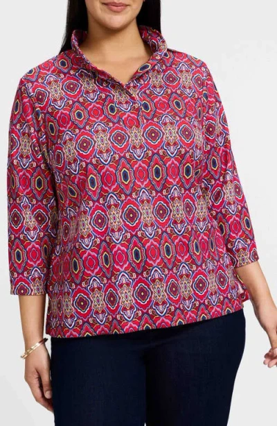 Foxcroft Tammy Tile Print Ruffle Collar Jersey Top In Pink