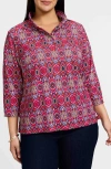 Foxcroft Tammy Tile Print Ruffle Collar Jersey Top In Red/multi