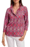 Foxcroft Tammy Tile Print Ruffle Collar Jersey Top In Red/multi
