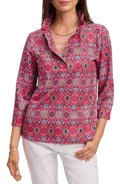 Foxcroft Tammy Tile Print Ruffle Collar Jersey Top In Multi