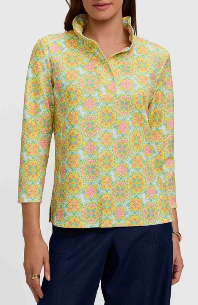 Foxcroft Tammy Tile Print Ruffle Collar Top In Yellow