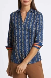 Foxcroft Taylor Chain Stripe Cotton Button-up Shirt In Pacific Blue