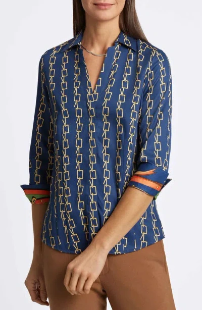 Foxcroft Taylor Chain Stripe Cotton Button-up Shirt In Pacific Blue