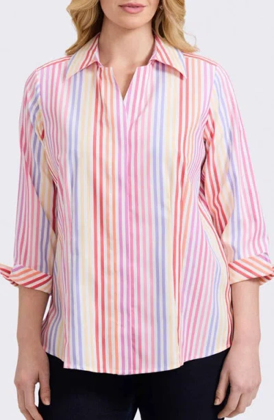 Foxcroft Taylor Stripe Cotton Button-up Shirt In Pink Multi