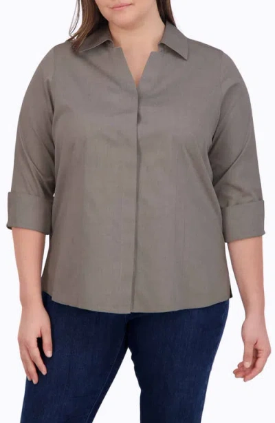 Foxcroft 'taylor' Three-quarter Sleeve Non-iron Cotton Shirt In Charcoal