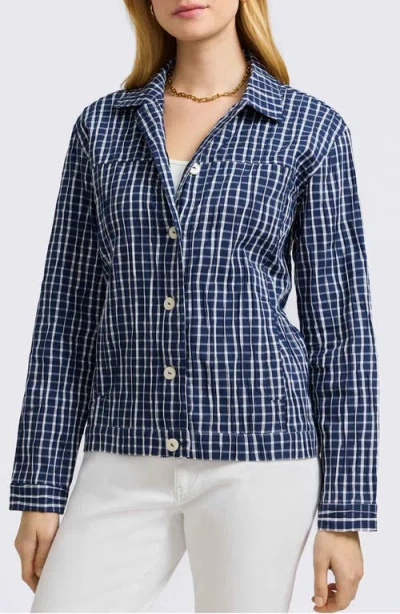 Foxcroft Thelma Crinkle Cotton Blend Gingham Jacket In Navy/white