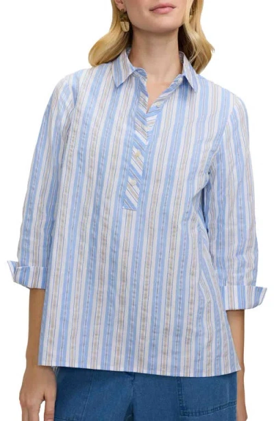 Foxcroft Therese Stripe Button Back Cotton Seersucker Popover Shirt In Blue