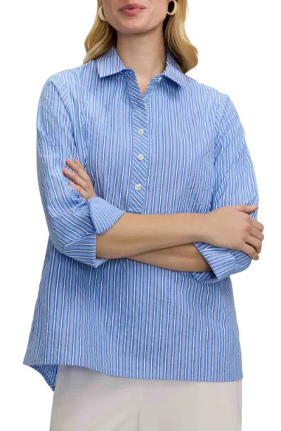 Foxcroft Therese Stripe Button Back Cotton Seersucker Popover Shirt In Blue