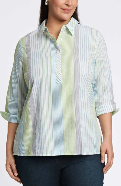 Foxcroft Therese Stripe Split Back Cotton Seersucker Popover Shirt In Blue Multi