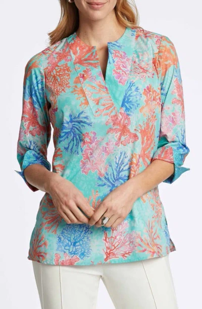 Foxcroft Vena Coral Print Cotton Tunic In Blue Multi