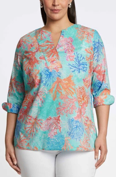 Foxcroft Vena Coral Print Cotton Tunic Shirt In Blue Multi